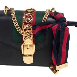 Pre Owned Gucci Black Leather Mini Web Chain Sylvie Crossbody Bag