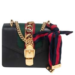 Pre Owned Gucci Black Leather Mini Web Chain Sylvie Crossbody Bag