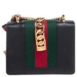 Pre Owned Gucci Black Leather Mini Web Chain Sylvie Crossbody Bag
