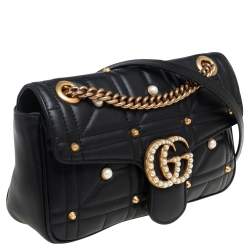 مملوكة مسبقًا Gucci Black Matelassé Leather Small GG Marmont Shoulder Bag
