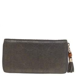 Pre Owned Gucci Grey Guccissima Leather Bamboo Tassel Zip Around Wallet