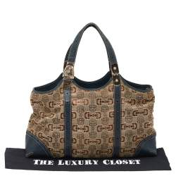 Pre Owned Gucci Beige/Blue Horsebit Canvas And Leather Buckle Handle Shoulder Bag