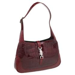 Pre Owned Gucci Burgundy Crocodile Leather Small Jackie Shoulder Bag