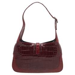 Pre Owned Gucci Burgundy Crocodile Leather Small Jackie Shoulder Bag