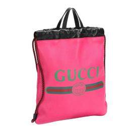 Pre Owned Gucci Pink Logo Drawstring Leather Backpack 