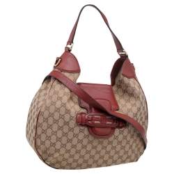 Pre Owned Gucci Beige/Brown GG Canvas And Leather Dressage Hobo