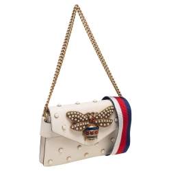 Gucci Off White Leather Broadway Pearly Bee Shoulder Bag