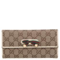 Gucci Beige-Cream GG Canvas And Leather Web Bow Continental Wallet