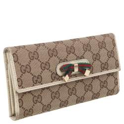 Gucci Beige-Cream GG Canvas And Leather Web Bow Continental Wallet