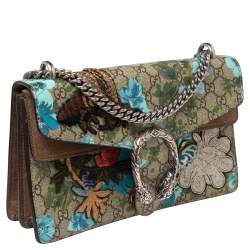 Pre Owned حقيبة كتف غوتشي كانفاس سوبريم جي جي بلومز أزرق/بيج بيج مطرز طيور/ورود مزين ديونسوس صغيرة