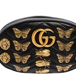 Pre Owned Gucci Black Leather Animal Stud GG Marmont Belt Bag