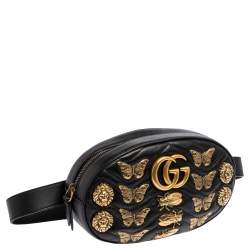 Pre Owned Gucci Black Leather Animal Stud GG Marmont Belt Bag