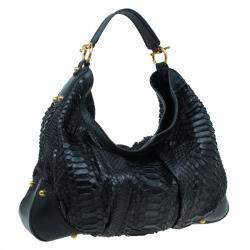 مملوكة مسبقًا حقيبة يد هوبو غوتشي جوكي جلد ثعبان وجلد سوداء كبيرة