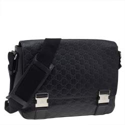 Pre Owned Gucci Black Signature Leather Flap Messenger Bag