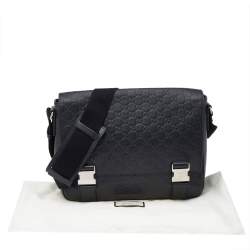 Pre Owned Gucci Black Signature Leather Flap Messenger Bag