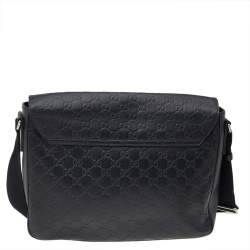 Pre Owned Gucci Black Signature Leather Flap Messenger Bag