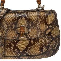 مملوكة مسبقًا حقيبة يد علوية غوتشي نيو بامبو جلد ثعبان بني