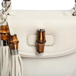 Pre Owned Gucci White Leather Medium Tassel New Bamboo Top Handle Bag