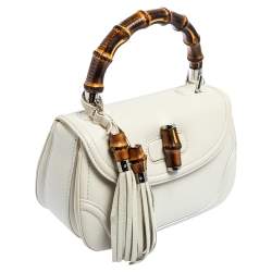 Pre Owned Gucci White Leather Medium Tassel New Bamboo Top Handle Bag