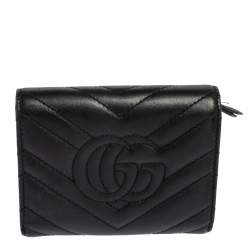 Pre Owned Gucci Black Leather GG Marmont Trifold Wallet