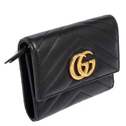 Pre Owned Gucci Black Leather GG Marmont Trifold Wallet