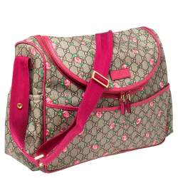 Pre Owned Gucci Pink/Beige Coated Canvas and Leather Floral Print Diaper Messenger Bag