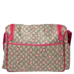 Pre Owned Gucci Pink/Beige Coated Canvas and Leather Floral Print Diaper Messenger Bag