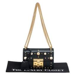 Pre Owned حقيبة كتف غوتشي قفل مرصع لؤلؤ صغيرة جلد أسود