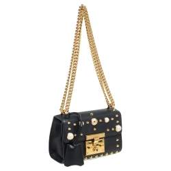 Pre Owned حقيبة كتف غوتشي قفل مرصع لؤلؤ صغيرة جلد أسود