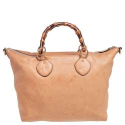 Pre Owned Gucci Beige Leather Medium Bamboo Shopper Tote