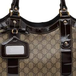 Pre Owned Gucci Beige/Brown GG Supreme Coated Canvas And Patent Leather Bow Mirror Sukey Tote