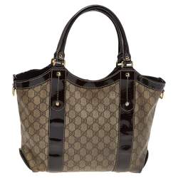 Pre Owned Gucci Beige/Brown GG Supreme Coated Canvas And Patent Leather Bow Mirror Sukey Tote