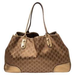 Pre Owned حقيبة يد توتس غوتشي برينسي جلد وقماش GG بني/ذهبي كبيرة
