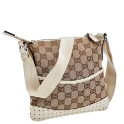 Gucci Beige/White GG Signature Canvas And Perforated Leather Messenger Bag