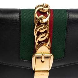 Pre Owned Gucci Black Leather Super Mini Sylvie Wallet On Chain