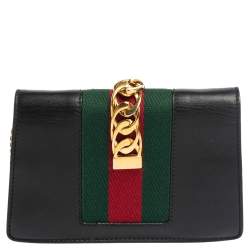 Pre Owned Gucci Black Leather Super Mini Sylvie Wallet On Chain