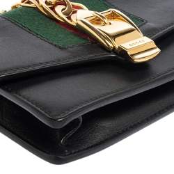 Pre Owned Gucci Black Leather Super Mini Sylvie Wallet On Chain