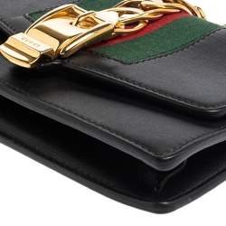 Pre Owned Gucci Black Leather Super Mini Sylvie Wallet On Chain