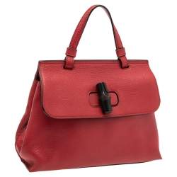 Pre Owned Gucci Red Leather Small Bamboo Daily Top Handle Bag