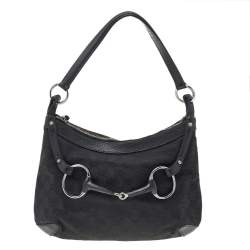 Pre Owned Gucci Black GG Canvas And Leather Horsebit Hobo