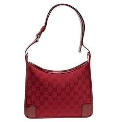 Pre Owned Gucci Red GG Canvas and Patent Leather Shoulder Bag