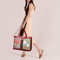 Pre Owned Gucci Red/Beige Leather And Coated Canvas Web GG Supreme Flora Printed Ophidia Tote