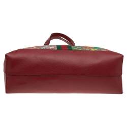 Pre Owned Gucci Red/Beige Leather And Coated Canvas Web GG Supreme Flora Printed Ophidia Tote