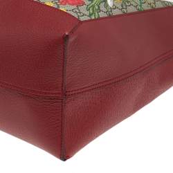 Pre Owned Gucci Red/Beige Leather And Coated Canvas Web GG Supreme Flora Printed Ophidia Tote