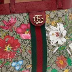 Pre Owned Gucci Red/Beige Leather And Coated Canvas Web GG Supreme Flora Printed Ophidia Tote