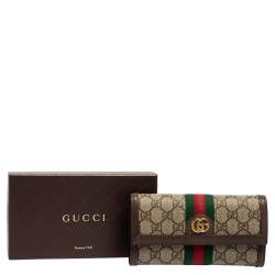 Pre Owned Gucci Brown/Beige GG Supreme Canvas and Leather Ophidia Continental Wallet 