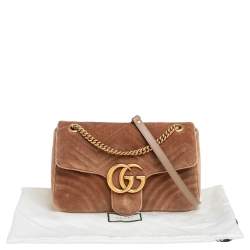 Pre Owned Gucci Tan Matelassé Velvet Medium GG Marmont Shoulder Bag