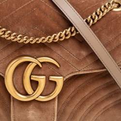 Pre Owned Gucci Tan Matelassé Velvet Medium GG Marmont Shoulder Bag