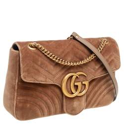 Pre Owned Gucci Tan Matelassé Velvet Medium GG Marmont Shoulder Bag
