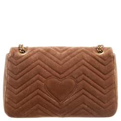 Pre Owned Gucci Tan Matelassé Velvet Medium GG Marmont Shoulder Bag
